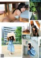 A collage of photos of a woman in a blue dress.